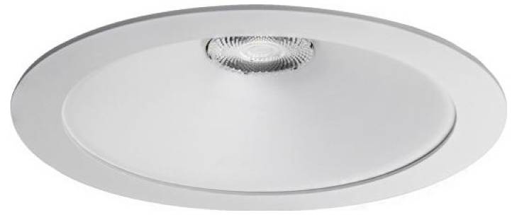 Runde, weiße, eingelassene Deckenleuchte mit zentraler Lampe.