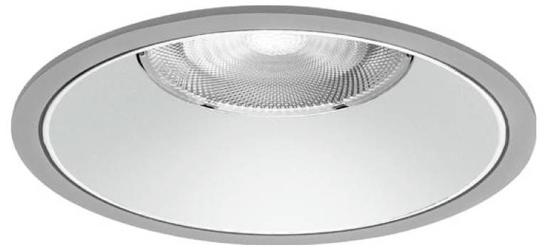 Runde, eingelassene LED-Deckenleuchte mit silberner Fassung und mattiertem Diffusor.