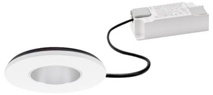 Rundes, bündig eingebautes LED-Licht, das durch ein schwarzes Kabel mit einer Treiberbox verbunden ist