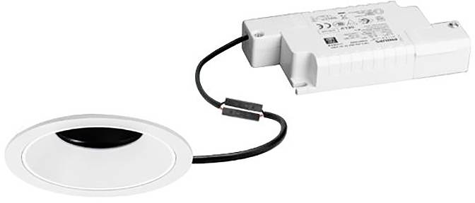 Ein weißes, bündiges LED-Deckenleuchte mit einem verbundenen Treiber über ein schwarzes Kabel, geeignet für Innenbeleuchtungsinstallationen.
