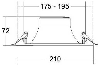 Technisches Diagramm einer runden, eingelassenen Leuchte oder Leuchtenform mit Seitenansicht-Abmessungen: 210 mm Breite, 175–195 mm Oberbreite und 72 mm Höhe.