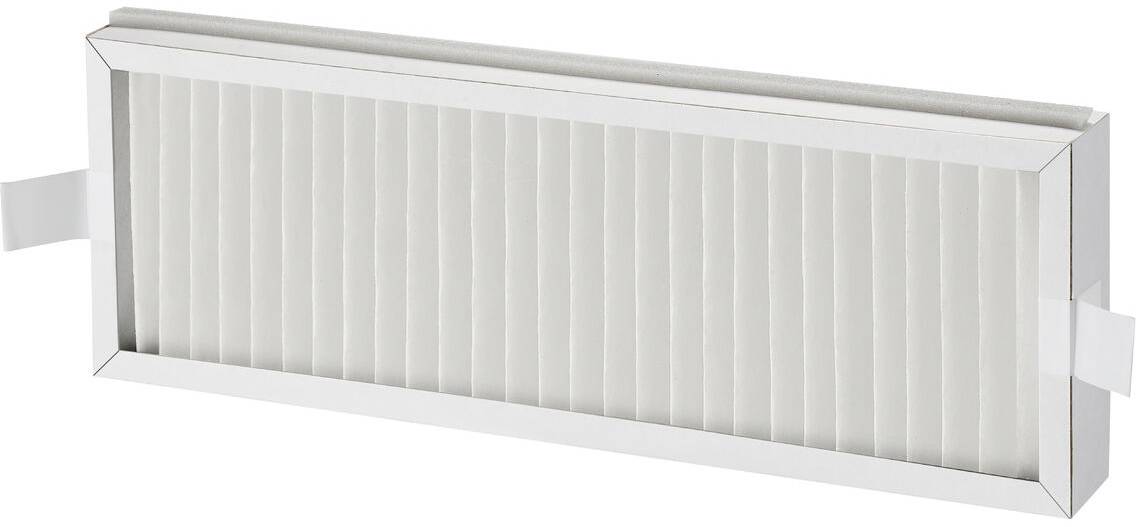 Ein 3D-gerendertes Bild einer weißen Metallabzugshaube mit schräger Maschabdeckung, die auf einer ebenen Fläche montiert ist.