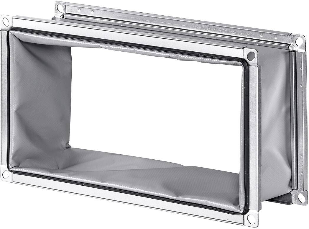 Rechteckiger flexibler Kanalverbinder aus Metallrahmen und grauem Stoff, verwendet um Vibrationen und Geräusche in Lüftungsanlagen zu minimieren.
