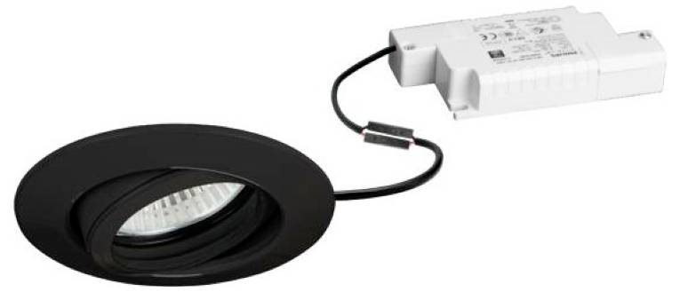 Schwarze LED-Einbauleuchte mit angebrachtem weißem Netzteil und Kabel auf weißem Hintergrund.