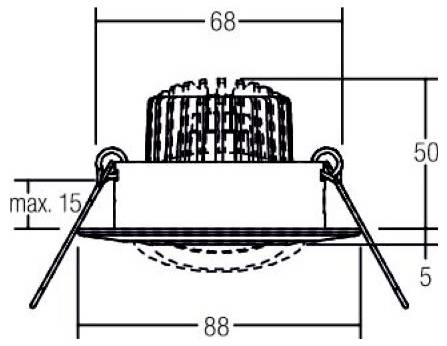 Technisches Diagramm einer eingebauten Deckenleuchte mit Seitenfedern, mit den Abmessungen 68, 50, 88, 5 und max. 15.