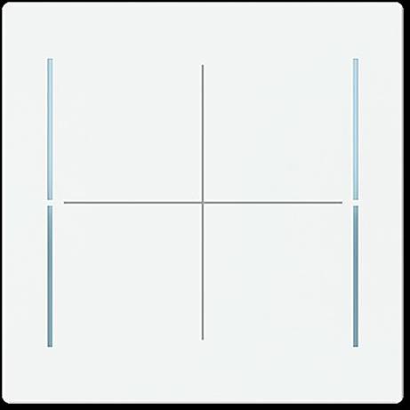 Ein weißes Quadrat mit dünnen, sich kreuzenden schwarzen Linien, die ein Kreuz bilden, flankiert von vier kurzen blauen Linien in der Nähe jeder Kante.