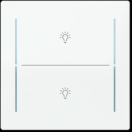 Weißer Lichtschalter mit zwei Glühbirnen-Symbolen, jeweils in einer rechteckigen Touchfläche, was auf separate Steuerungen für die Beleuchtung hinweist.
