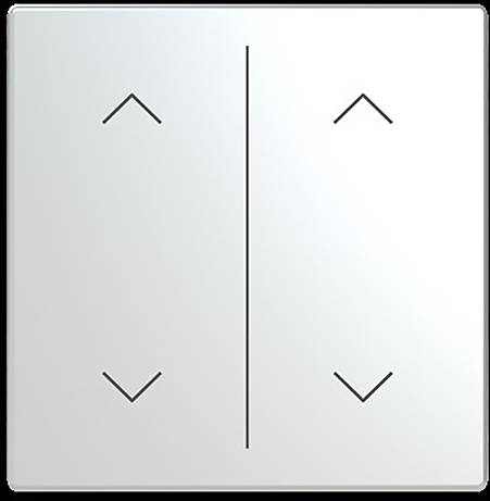 Ein weißes quadratisches Panel mit zwei vertikalen Abschnitten und Pfeilverzierungen. Der linke Abschnitt zeigt einen nach oben weisenden Pfeil über einem nach unten weisenden Pfeil. Der rechte Abschnitt zeigt das gleiche.