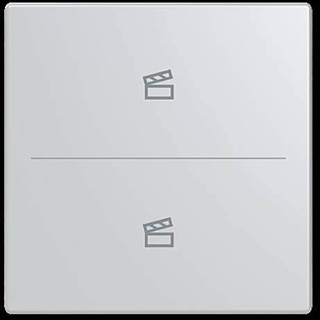 Ein minimalistischer Lichtschalter mit zwei Abschnitten, die jeweils ein Filmklappensymbol aufweisen, das wahrscheinlich eine Kontrolle im Zusammenhang mit Medien- oder Filmgeräten anzeigt.