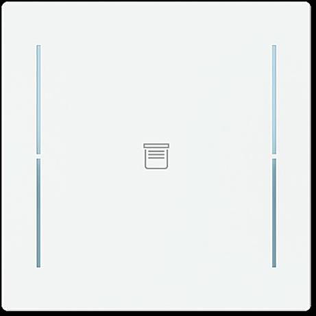 Ein weißes berührungsempfindliches Schalterfeld mit zwei vertikalen blauen LED-Streifen an den Seiten und einem kleinen Symbol in der Mitte.