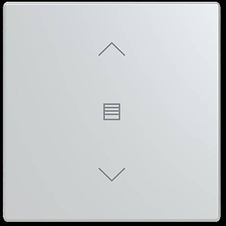 Ein hellgrauer Wippschalter mit einem Aufwärtspfeil, einem Abwärtspfeil und einem mittleren Symbol, das horizontalen Linien ähnelt und die Lüftergeschwindigkeitsregelung anzeigt.