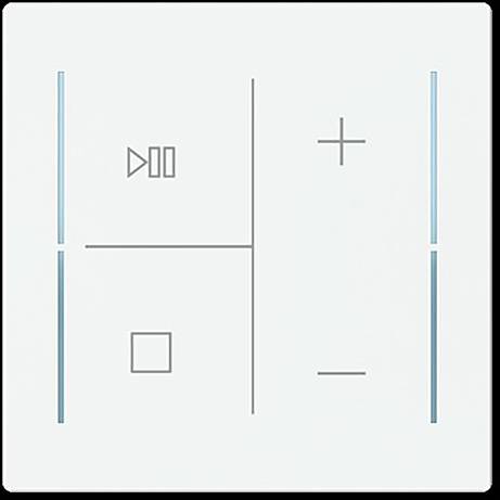Ein minimalistisches Bedienfeld mit Symbolen für Wiedergabe/Pause, Stopp, Lautstärke erhöhen und Lautstärke senken, dargestellt durch einfache geometrische Symbole.