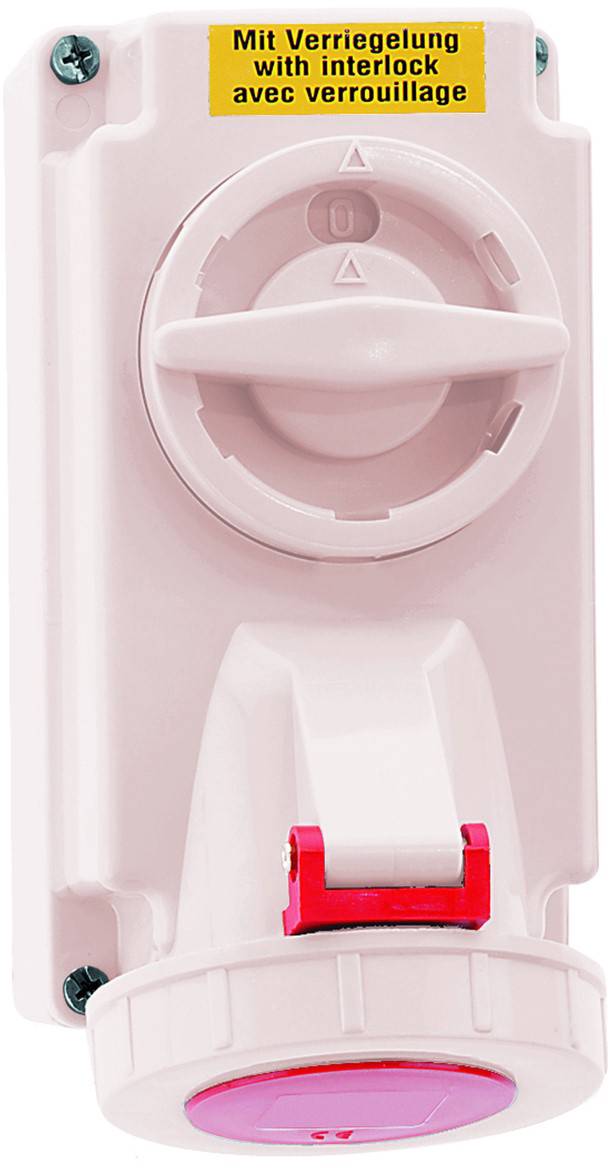 Ein weißer Schalter mit einem großen rosa Knopf, einer roten Verriegelung am unteren Ende und einem gelben Etikett oben mit der Aufschrift „mit Sperrmechanismus