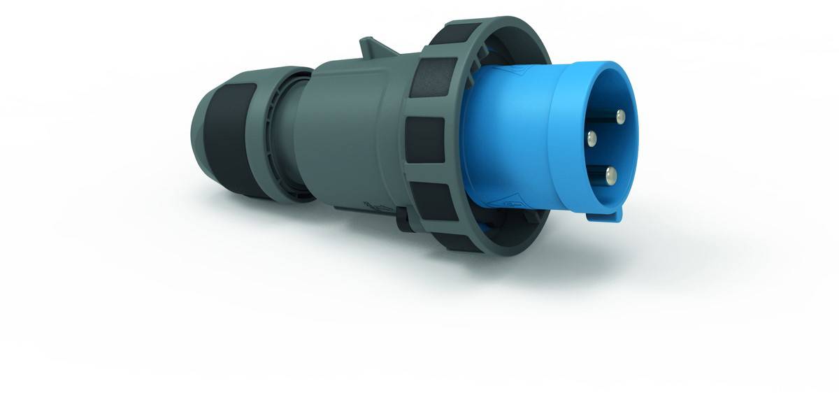 Ein männlicher Industriesteckverbinder in Blau und Schwarz, ruhend auf einer weißen Oberfläche, zeigt drei Metallstifte im Inneren des blauen Gehäuses.
