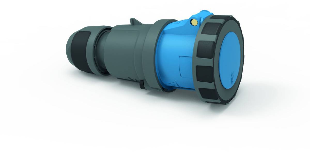 Ein blauer und schwarzer Industrie-Steckverbinder, dargestellt auf weißem Hintergrund, mit einem Verriegelungsmechanismus und gerippter Außenseite für besseren Grip.