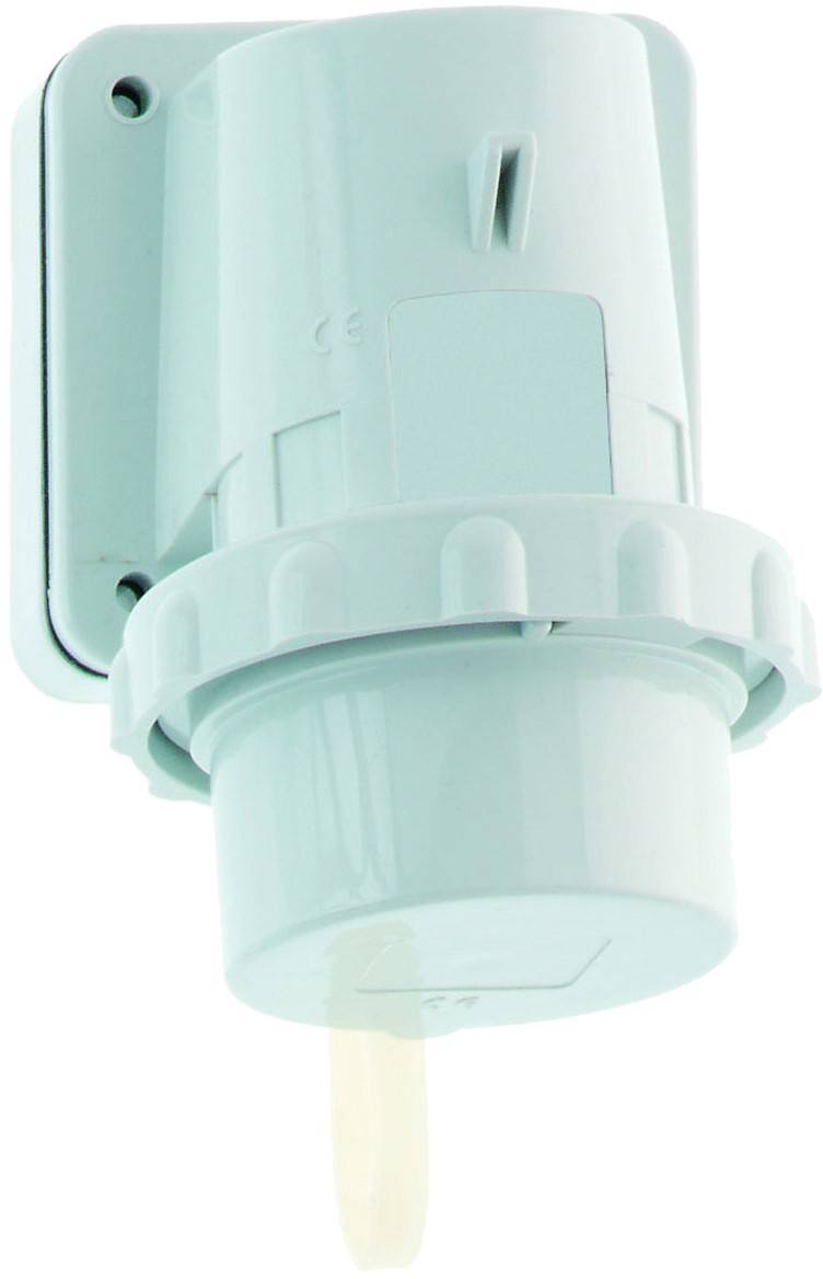 Eine grüne Elektrosteckdose an der Wand montiert mit einer Abdeckung, mit einer Schutzverriegelung und kreisförmigem Design für sichere Konnektivität.