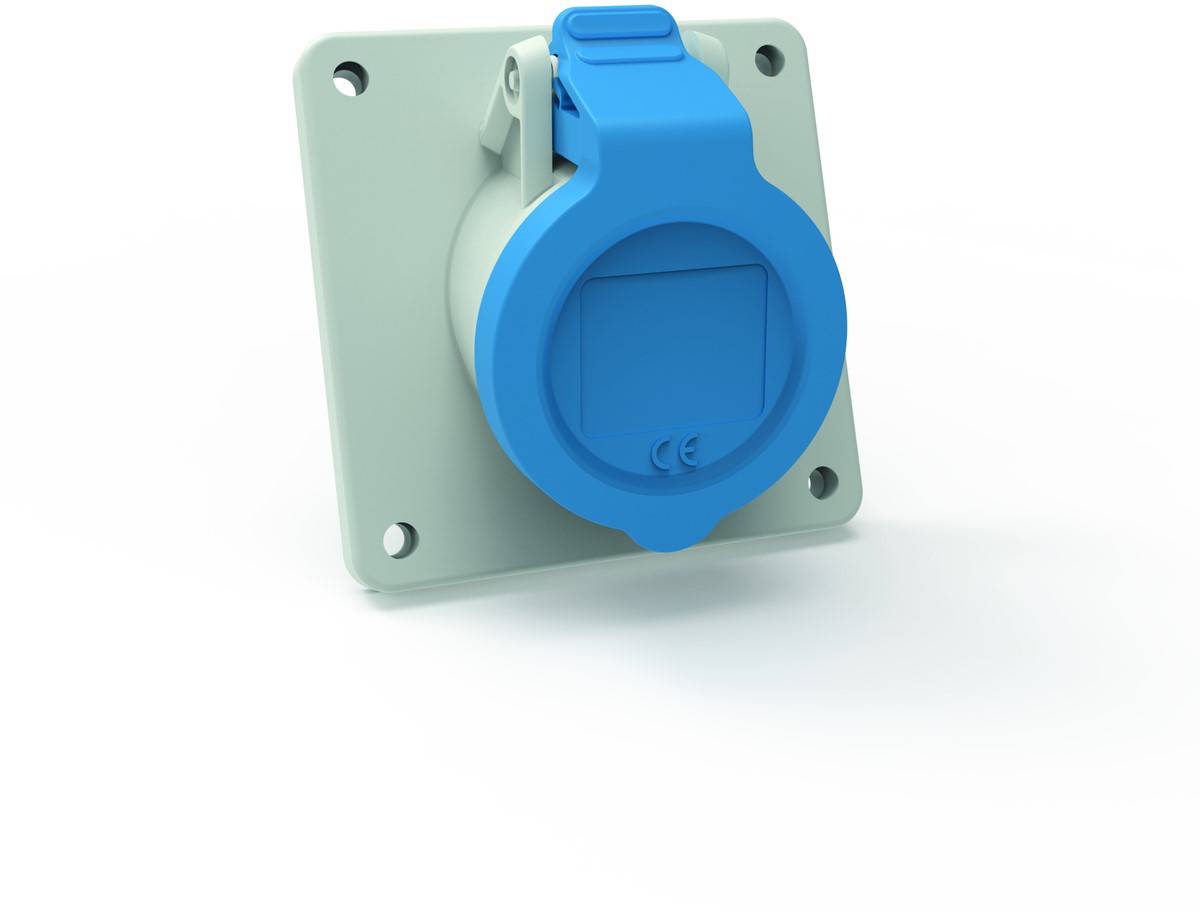 „Eine blaue Industrie-Steckdose, die auf einem grauen quadratischen Paneel mit vier Schraubenlöchern montiert ist.