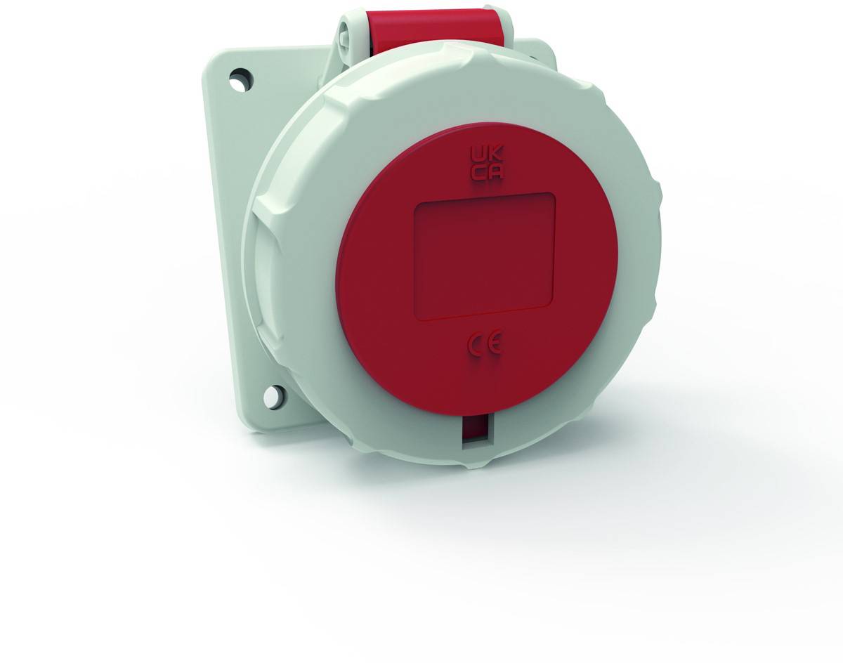 Ein rotes und graues an der Wand montiertes Industriegerät mit kreisförmigem Design, das UKCA- und CE-Kennzeichnungen auf der Vorderseite aufweist.