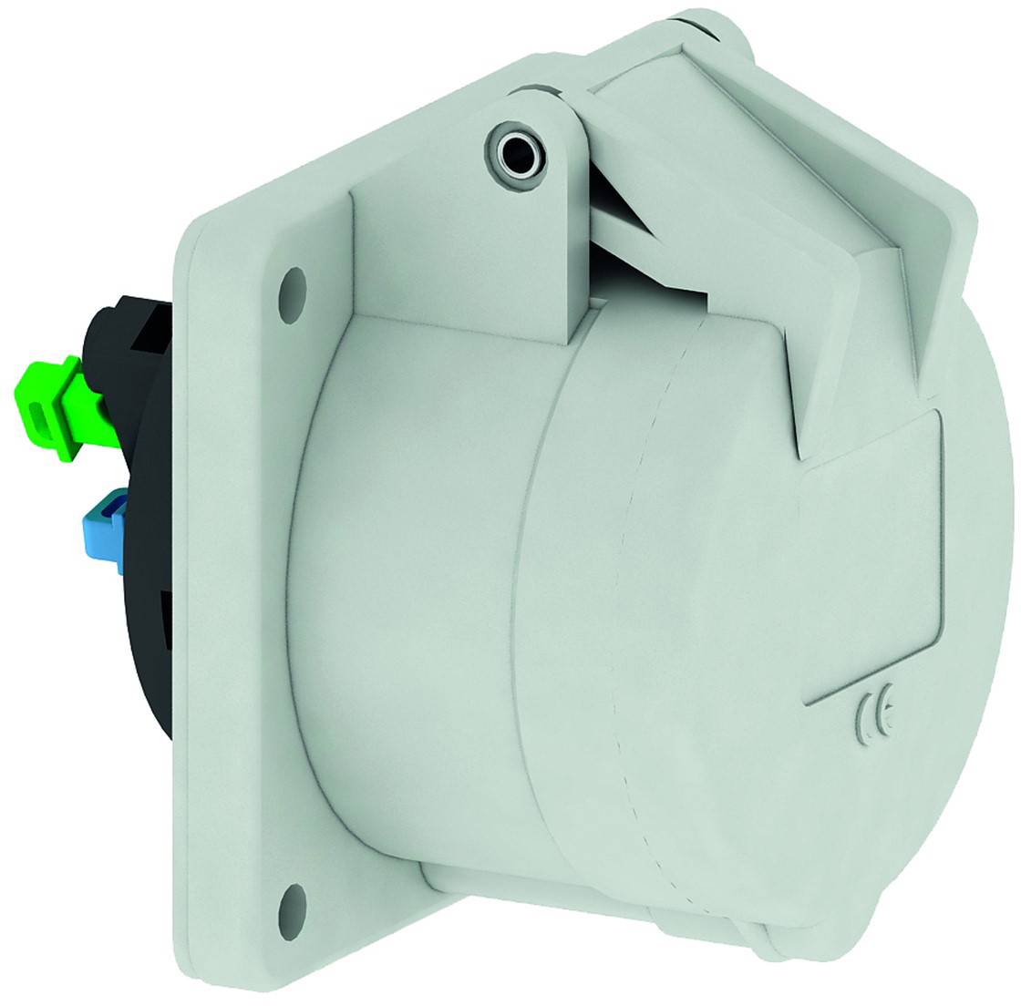 Weißer Elektrostecker mit klappbarem Deckel, montiert auf rechteckiger Grundplatte. Grüne und blaue Komponenten sichtbar an der Rückseite.