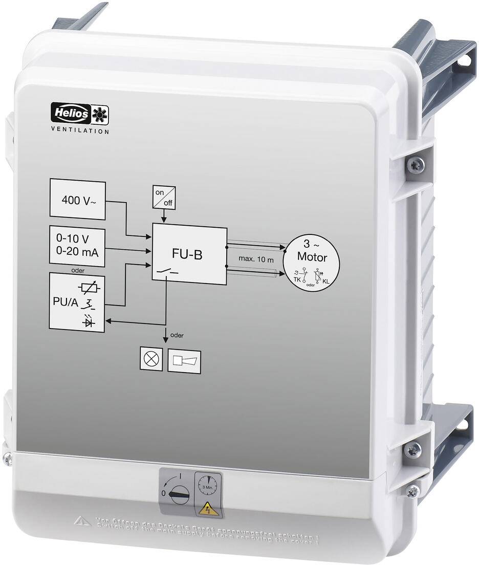 Lüftungsregelgerät mit der Bezeichnung 'Helios', zeigt Verbindungsschema mit Ein-/Ausgängen, Motorsteuerung und Stromversorgungsanforderungen.