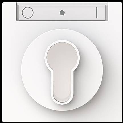 Ein weißes, konzentrisch geformtes Gerät mit einem Schlüsselloch in der Mitte, vor einem weißen Hintergrund, das einem modernen Wandschalter oder Knopf ähnelt.