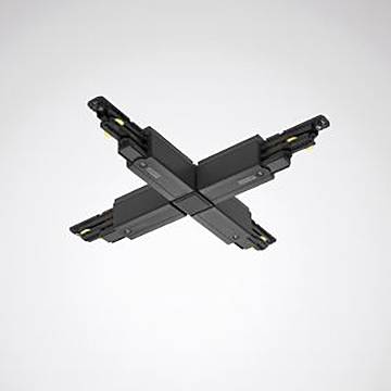 Schwarzes Metallobjekt bestehend aus vier ineinandergreifenden Komponenten, die eine „X