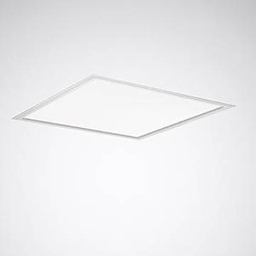 Ein minimalistisches Bild, das ein quadratisches, verflachtes Deckenleuchten-Panel zeigt, das helles, gleichmäßiges Licht gegen einen schlichten, neutral gefärbten Hintergrund abgibt.