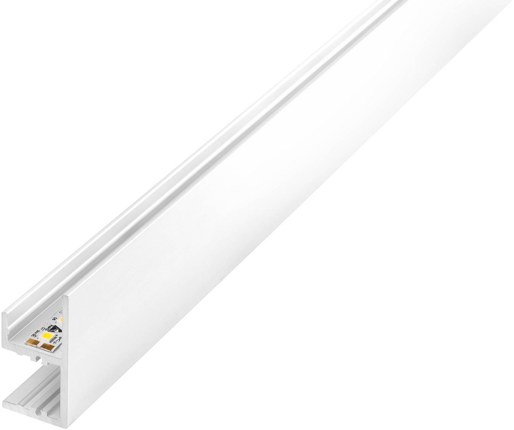 Ein weißes, abgewinkeltes Aluminium-LED-Lichtprofil mit einer Diffusorreabdeckung, geeignet zur Installation von LED-Streifen.