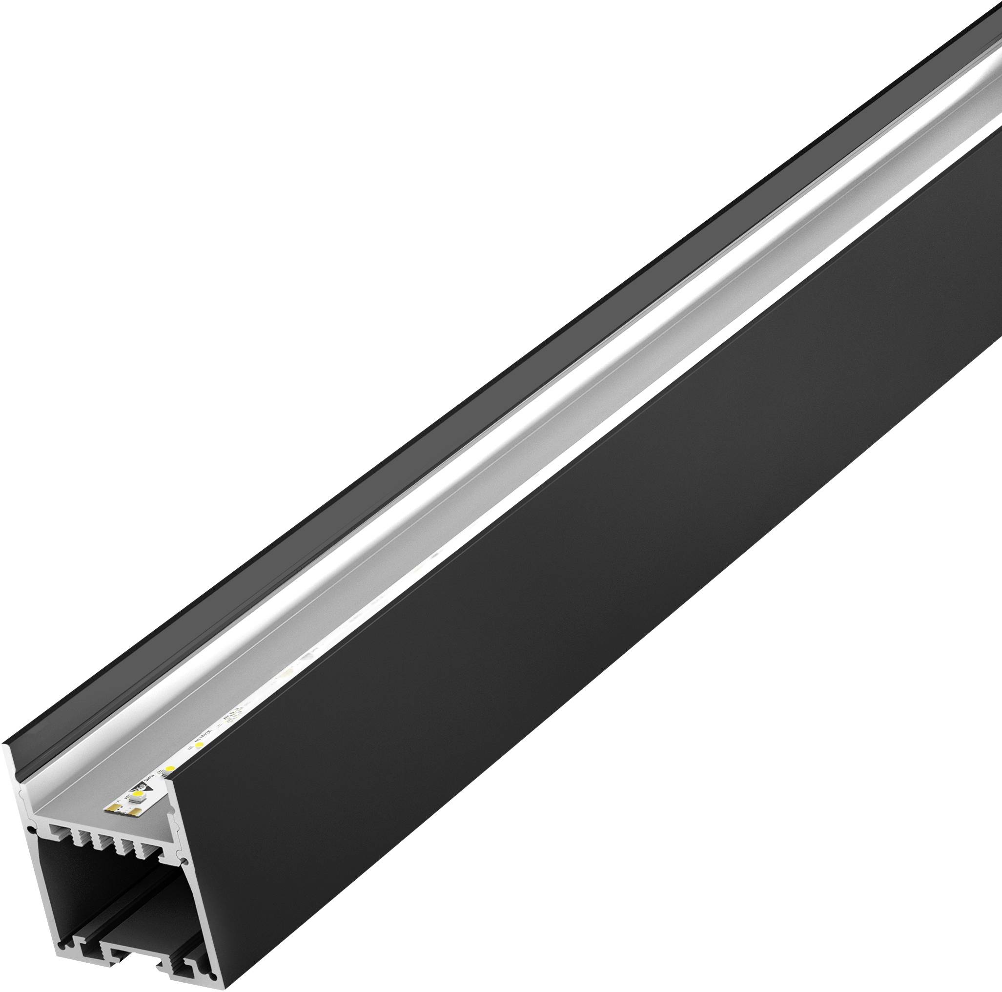 Schwarzes Metall-LED-Extrusionsprofil mit mattem Linsenschutz, entwickelt für moderne lineare Beleuchtungsanlagen.