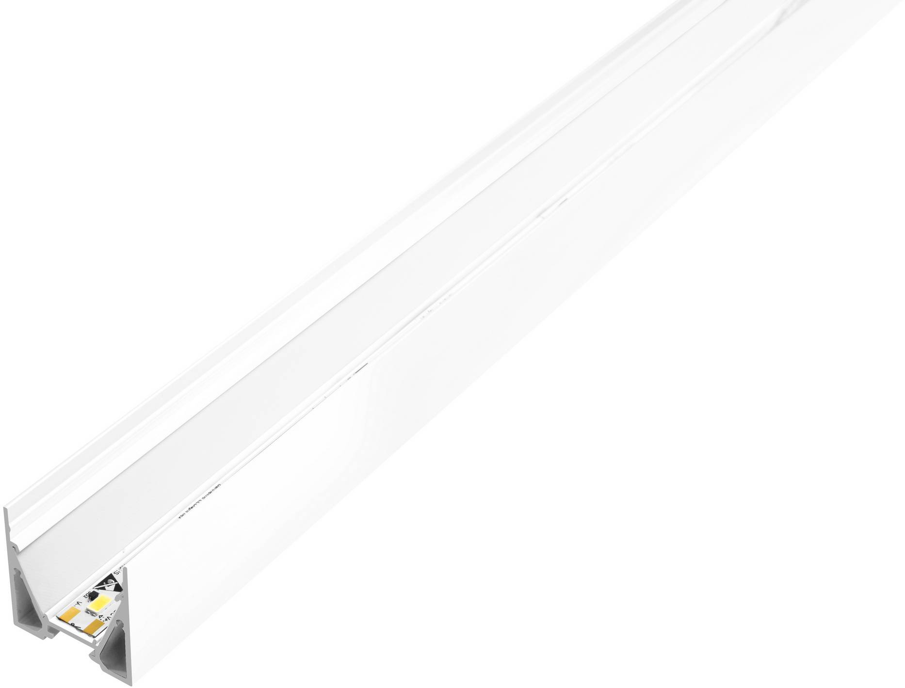 Weißer Aluminiumkanal für LED-Streifenbeleuchtung mit matt transparenter Abdeckung und sichtbarem LED-Band im Inneren.