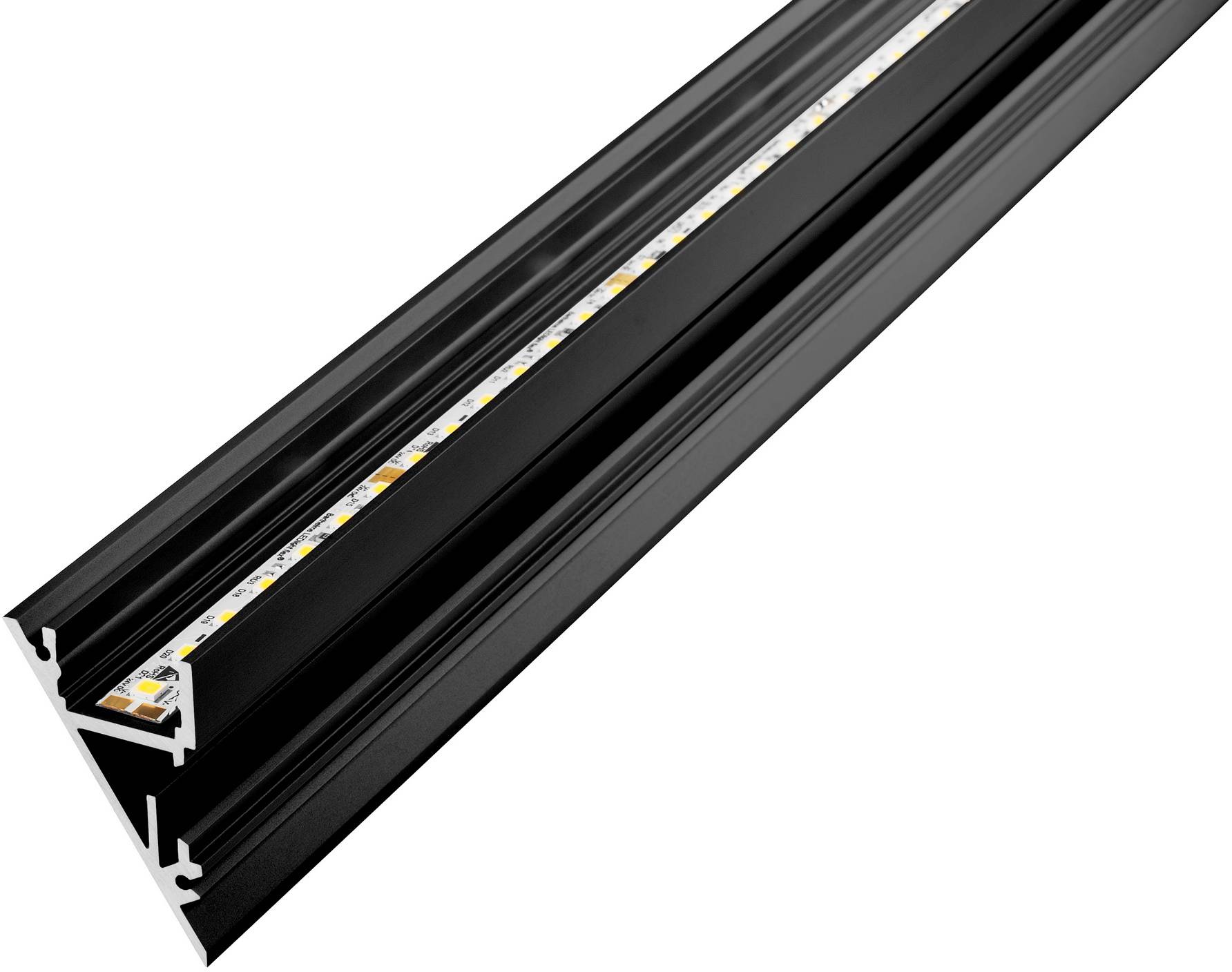 Schwarzer Aluminium-LED-Kanal mit installiertem Streifenlicht, das eine elegante und moderne Beleuchtungslösung für Unter-Schrank- oder Akzentbeleuchtung veranschaulicht.