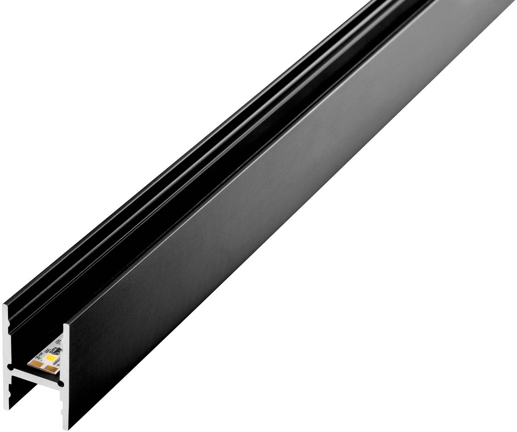 Schwarzes Aluminium-LED-Profil für Beleuchtungsinstallation, in Schrägansicht gezeigt mit sichtbarem LED-Streifen im Inneren.