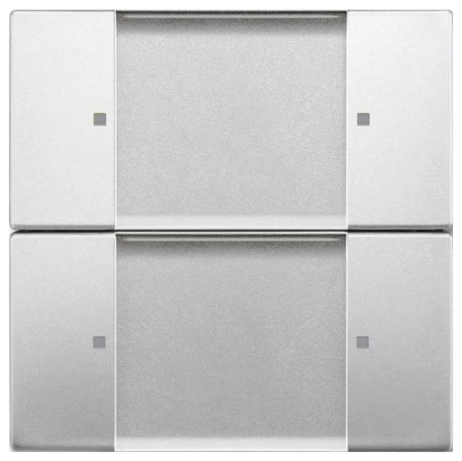 Ein silberner Doppel-Dimmer-Schalter mit minimalistische Designmerkmalen, bestehend aus zwei quadratischen Tasten zur Anpassung der Lichteinstellungen.