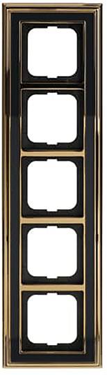 Ein schwarzer und bronzefarbener, fünf-fach vertikaler Rahmen für modulare Schalter, zur Wandmontage vorgesehen, verwendet zur Organización von Steckdosen.