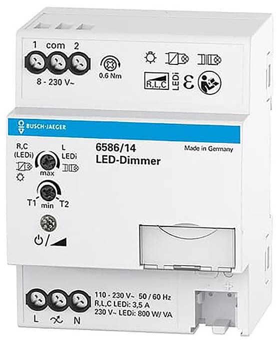 'Busch-Jaeger LED-Dimmer 6586/14', ein weißes Elektrogerät zum Dimmen von LED-Leuchten, dargestellt mit verschiedenen Ein-/Ausgängen und Spezifikationen.