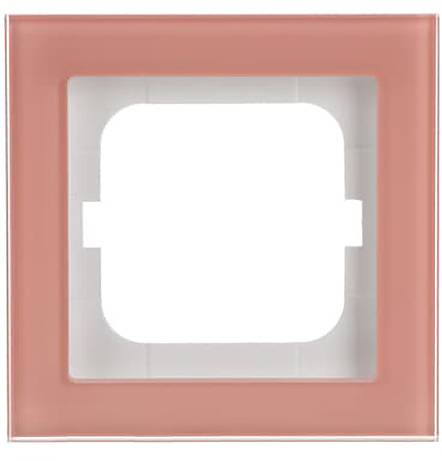 Ein korallenrot gefärbter quadratischer Rahmen mit hohler Mitte, entworfen für einen Schalter oder eine Steckdose, vor einem weißen Hintergrund angebracht.