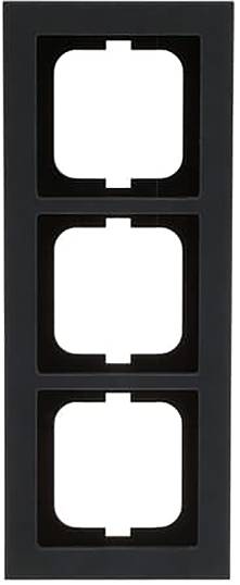 Eine schwarze Blende mit drei quadratischen Öffnungen, die vertikal angeordnet sind, wahrscheinlich für Schalter oder Steckdosen konzipiert.