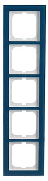 Ein vertikaler blauer Rahmen mit fünf gleichmäßig verteilten quadratischen Ausschnitten, möglicherweise zum Halten von Gegenständen oder Geräten.