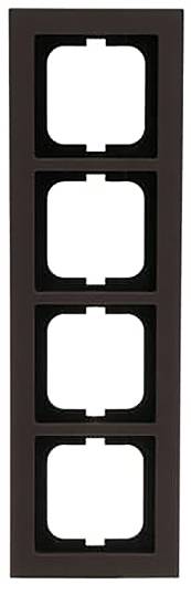 Ein vertikaler braun-schwarzer Rahmen mit vier quadratischen Öffnungen, die in einer Spalte angeordnet sind.