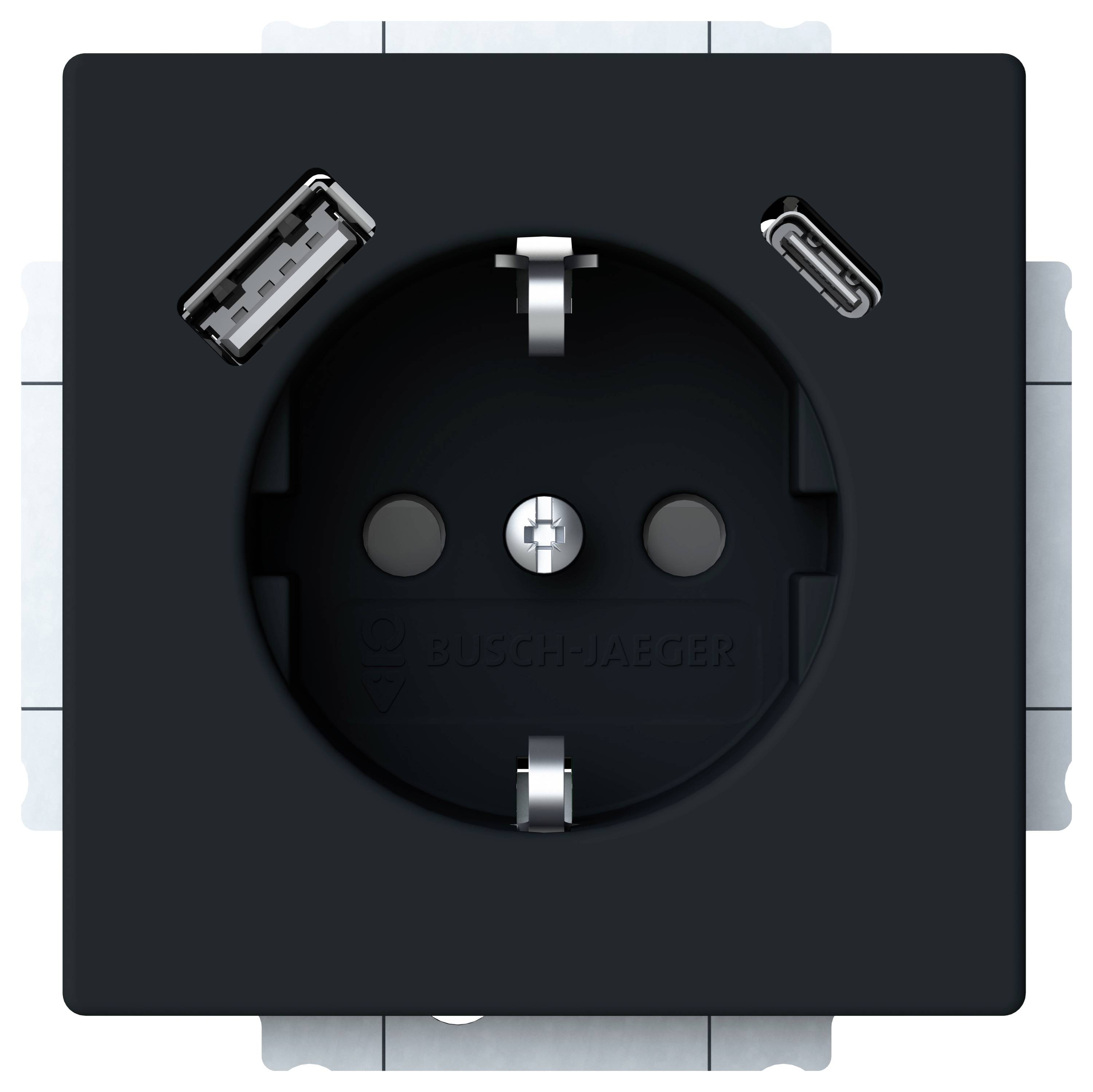 Schwarze Steckdose mit zwei USB-Anschlüssen von Busch-Jaeger, konzipiert für moderne elektrische Verbindungen.