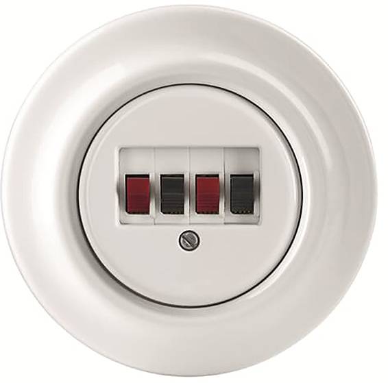Ein rundes, beiges Elektroschalter mit drei rechteckigen Tasten: zwei mit roten Indikatoren und eine mit einem schwarzen Indikator, in einer runden Platte eingebaut.