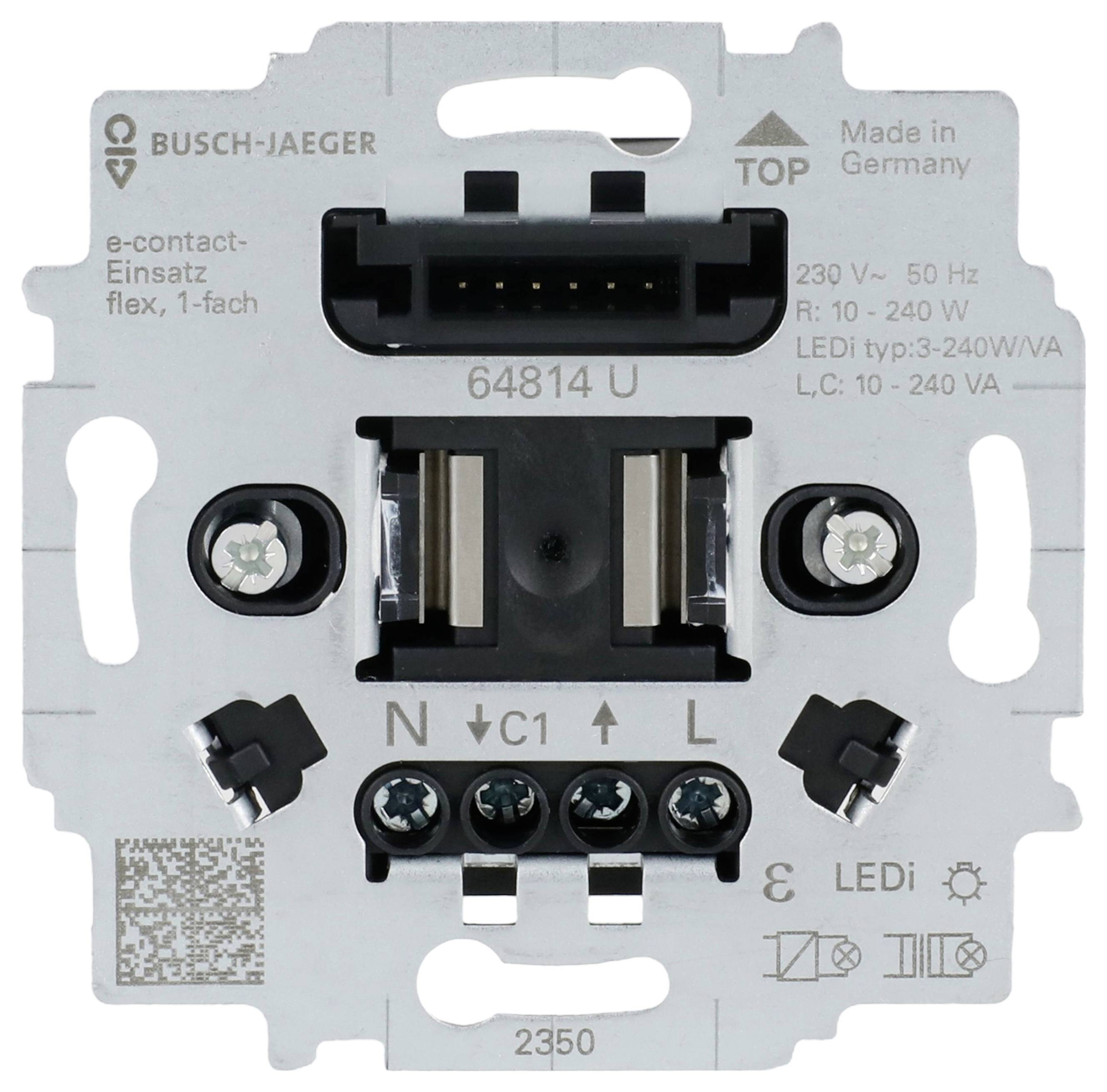 Busch-Jaeger 64814 U Unterputz-Schaltmodul, 230V, hergestellt in Deutschland, gekennzeichnet mit Anschllusspunkten N, L und C1 sowie LED-Indikatoren.