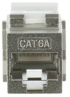 'CAT6A-Keystone-Buchse', ein metallischer Stecker für Ethernet-Kabel, entwickelt für Hochgeschwindigkeitsnetzwerke, mit offenem Anschluss zum Einstecken des Kabels.