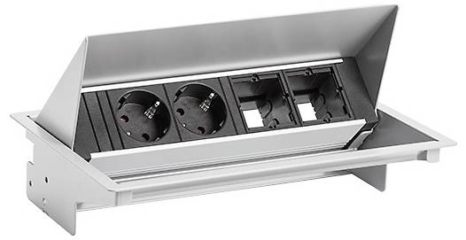 Ein Desktop-Stromauslass-Modul mit zwei Stromsteckdosen und zwei Netzwerkports, konzipiert für die Integration in Büromöbel zur Konnektivität.