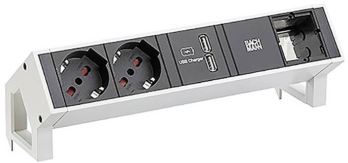 Steckerleiste mit zwei EU-Steckdosen, zwei USB-Anschlüssen und einem Netzwerk-Anschluss. Geeignet für Büro- oder Heimgebrauch.