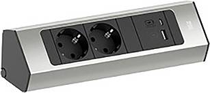 Eine schlanke, moderne Steckerleiste mit zwei europäischen Steckdosen und zwei USB-Anschlüssen, entworfen für die Verwendung am Schreibtisch.