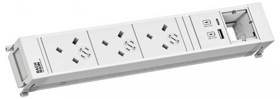 BACHMANN Steckerleiste mit drei Steckdosen, zwei USB-Anschlüssen und einem Ethernet-Anschluss, konzipiert für die Verwendung im Büro oder Zuhause.