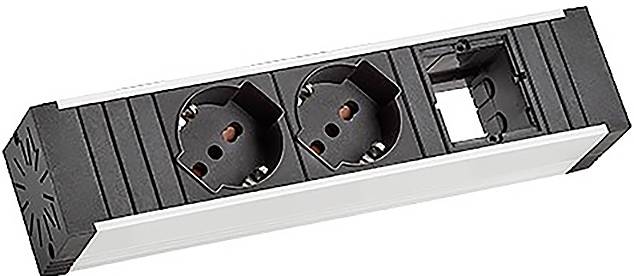 Eine schwarze und weiße Steckdosenleiste mit zwei europäischen Steckdosen und einem leeren rechteckigen Schlitz, Schrägansicht.