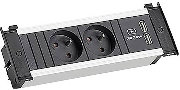 Steckerleiste mit zwei europäischen Steckdosen und zwei USB-Ladeanschlüssen, konzipiert für vielseitige Konnektivität elektronischer Geräte.