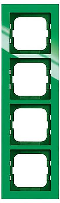Ein grüner, rechteckiger Rahmen mit vier identischen quadratischen Öffnungen, vertikal angeordnet, ausgelegt für die Montage von Schaltern oder Steckdosen.